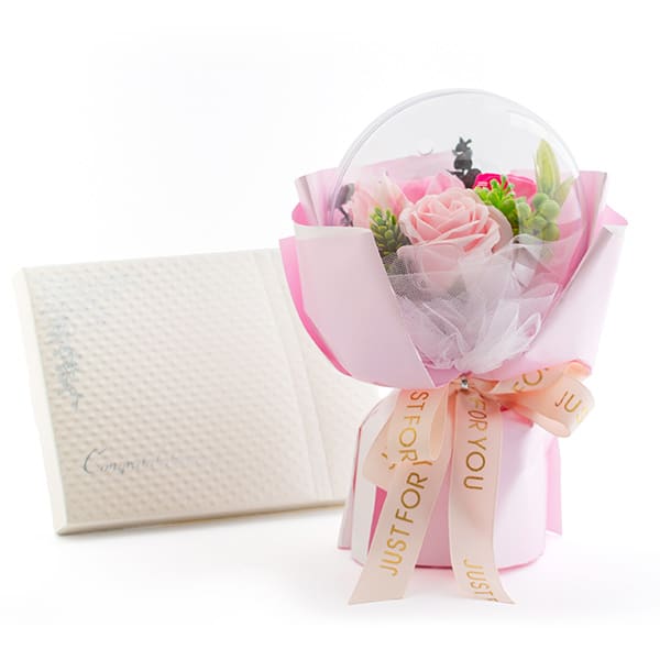 バルーンシャボンフラワー（ピンク）＋キラキラHAPPYBOX電報プレシャスホワイト