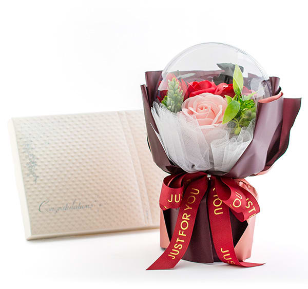 バルーンシャボンフラワー（レッド）＋キラキラHAPPYBOX電報プレシャスホワイト