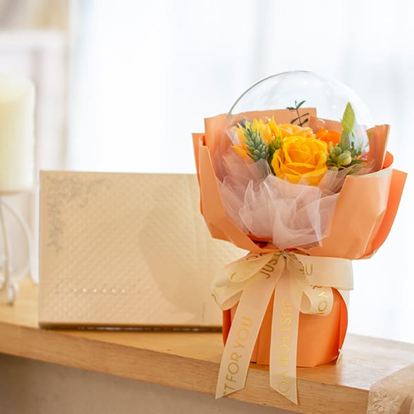 バルーンシャボンフラワー（イエロー）＋キラキラHAPPYBOX電報プレシャスホワイト