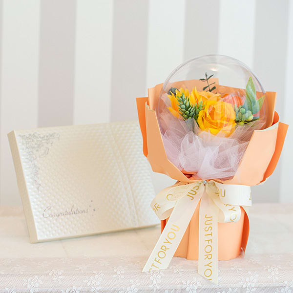 バルーンシャボンフラワー（イエロー）＋キラキラHAPPYBOX電報プレシャスホワイト