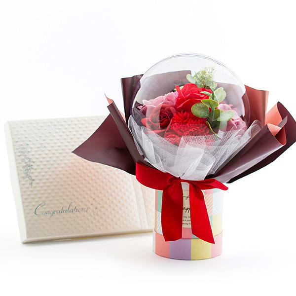 バルーンシャボンフラワーチェックBOX（レッド）＋キラキラHAPPYBOX電報プレシャスホワイト