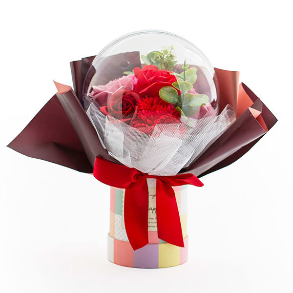 バルーンシャボンフラワーチェックBOX（レッド）＋キラキラHAPPYBOX電報プレシャスホワイト