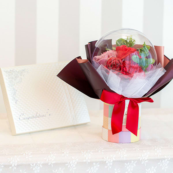 バルーンシャボンフラワーチェックBOX（レッド）＋キラキラHAPPYBOX電報プレシャスホワイト