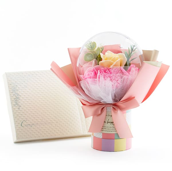 バルーンシャボンフラワーチェックBOX（ピンク）＋キラキラHAPPYBOX電報プレシャスホワイト