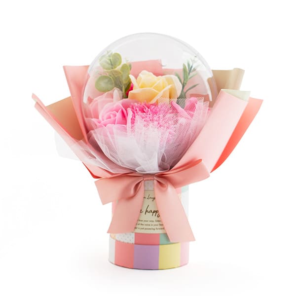 バルーンシャボンフラワーチェックBOX（ピンク）＋キラキラHAPPYBOX電報プレシャスホワイト