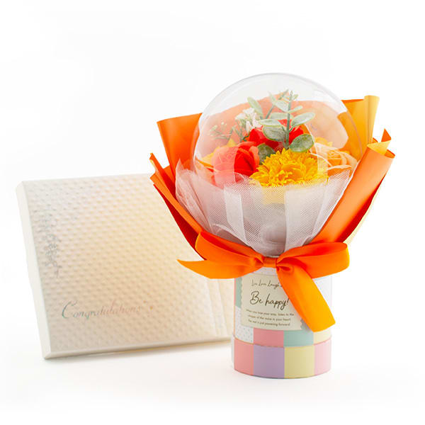 バルーンシャボンフラワーチェックBOX（オレンジ）＋キラキラHAPPYBOX電報プレシャスホワイト