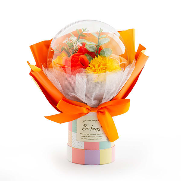 バルーンシャボンフラワーチェックBOX（オレンジ）＋キラキラHAPPYBOX電報プレシャスホワイト