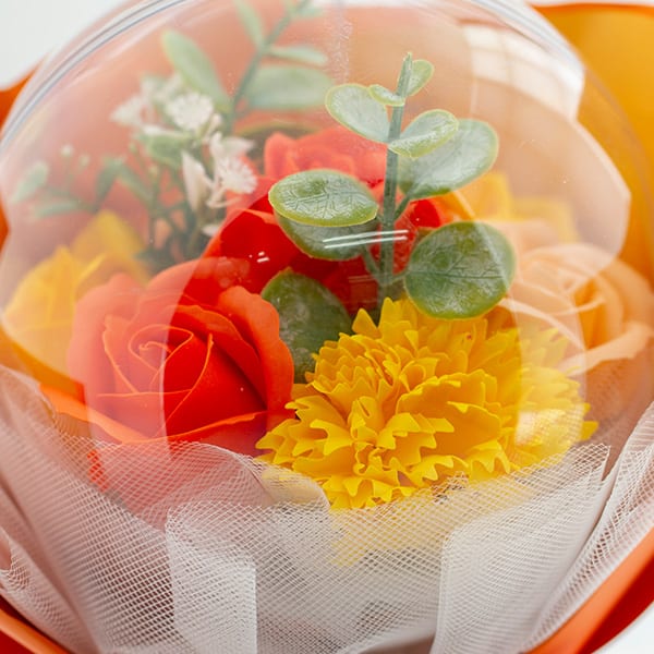 バルーンシャボンフラワーチェックBOX（オレンジ）＋キラキラHAPPYBOX電報プレシャスホワイト