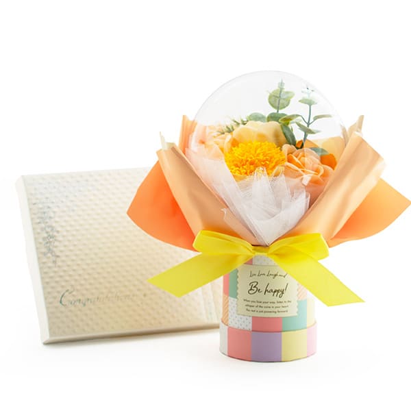 バルーンシャボンフラワーチェックBOX（イエロー）＋キラキラHAPPYBOX電報プレシャスホワイト