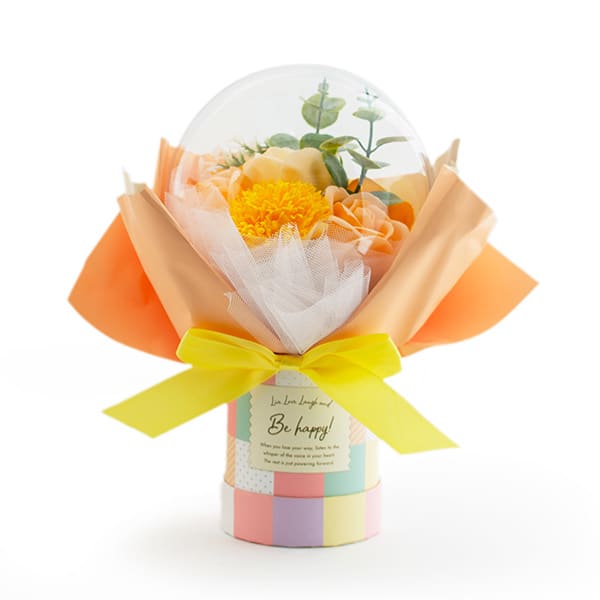 バルーンシャボンフラワーチェックBOX（イエロー）＋キラキラHAPPYBOX電報プレシャスホワイト