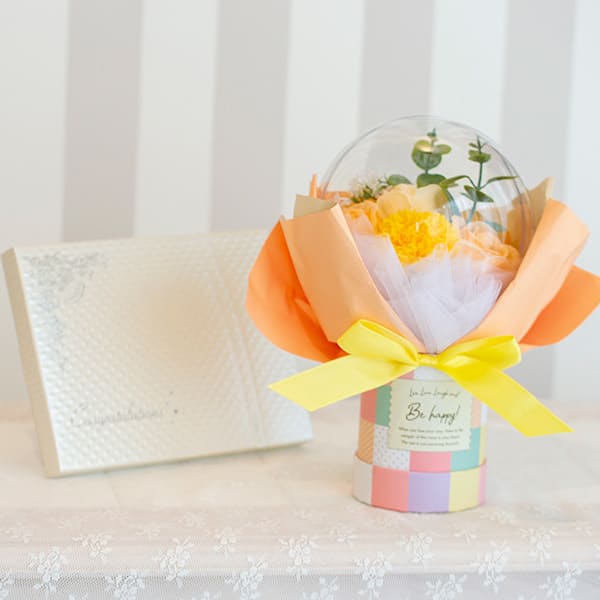 バルーンシャボンフラワーチェックBOX（イエロー）＋キラキラHAPPYBOX電報プレシャスホワイト
