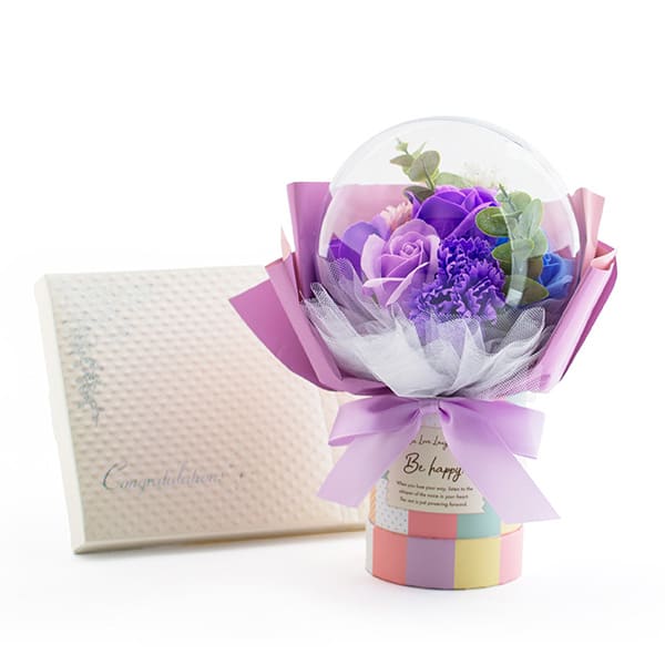 バルーンシャボンフラワーチェックBOX（パープル）＋キラキラHAPPYBOX電報プレシャスホワイト