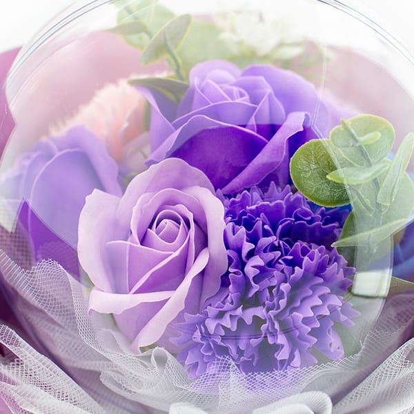 バルーンシャボンフラワーチェックBOX（パープル）＋キラキラHAPPYBOX電報プレシャスホワイト