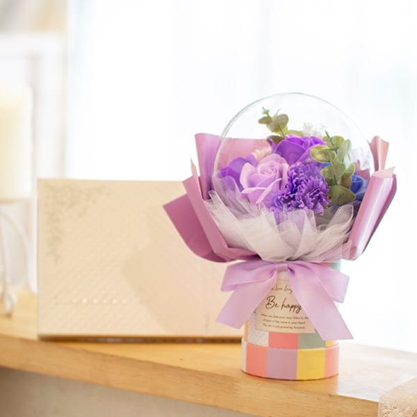 バルーンシャボンフラワーチェックBOX（パープル）＋キラキラHAPPYBOX電報プレシャスホワイト