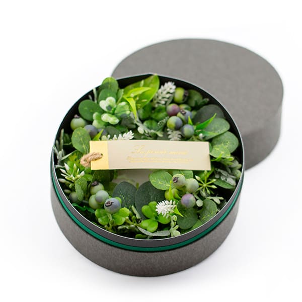 アートフラワー フラワーリースボックス（グリーン）＋キラキラHAPPYBOX電報プレシャスホワイト