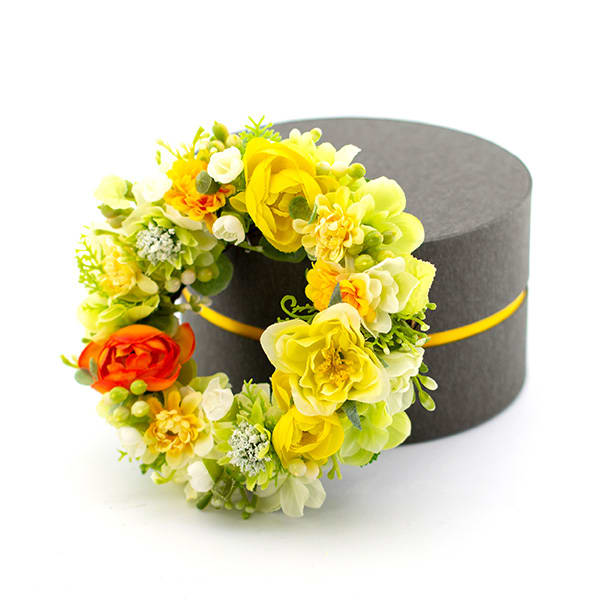 アートフラワー フラワーリースボックス（イエロー）＋キラキラHAPPYBOX電報プレシャスホワイト