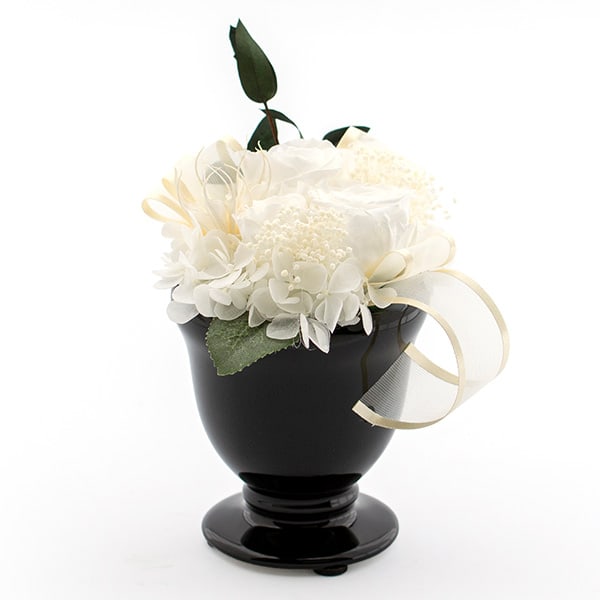 お悔やみ電報 水面（みなも）プリザーブド供花 杯型ポット (S)ホワイト