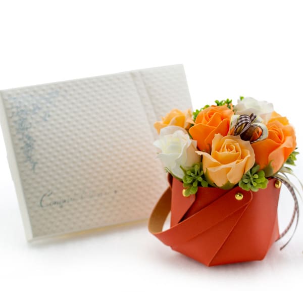 ソープフラワー クレール（ピーチ）＋キラキラHAPPYBOX電報プレシャスホワイト