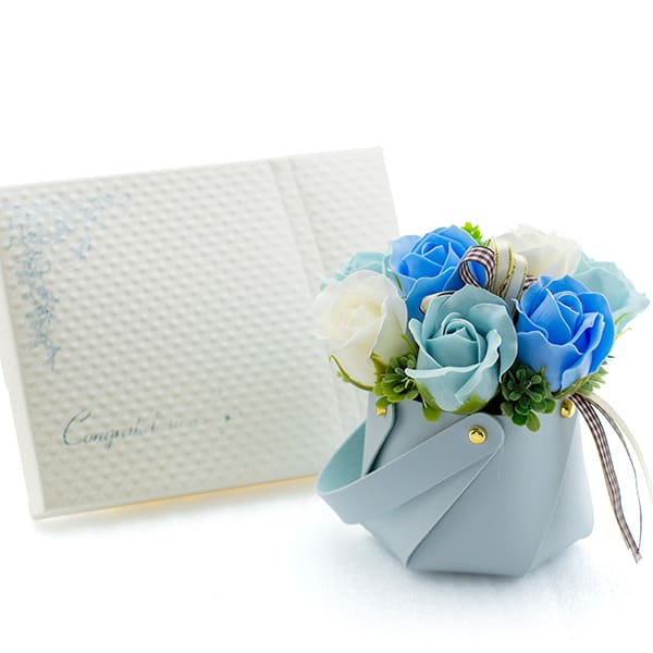 ソープフラワー クレール（スモーキーブルー）＋キラキラHAPPYBOX電報プレシャスホワイト