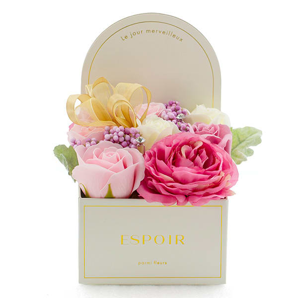 アーチノーブルソープフラワー（ピンク）＋キラキラHAPPYBOX電報プレシャスホワイト