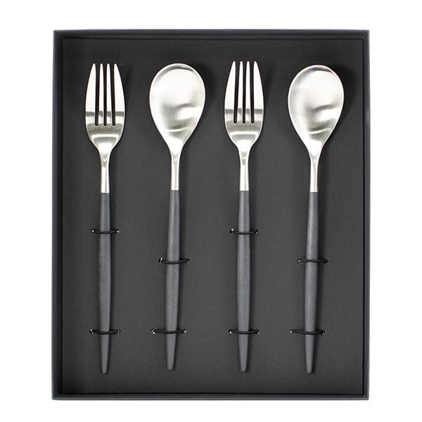 クチポール MIO ブラックシルバー（ディナーフォーク／スプーン）ペアセット＋キラキラHAPPYBOX電報PW