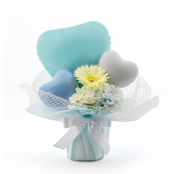 ハート電報バルーンアレンジ ベビーブルー（ガーベラ）