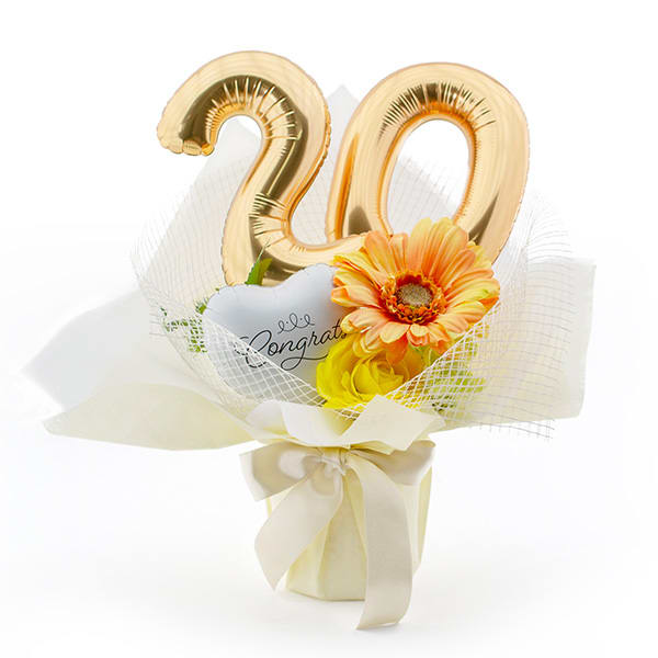 【二十歳のお祝い用】ハート電報バルーンアレンジ ハッピー２０！