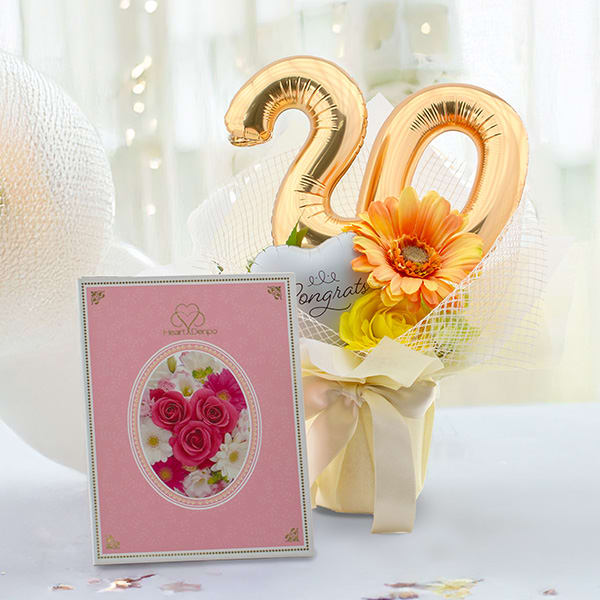 【二十歳のお祝い用】ハート電報バルーンアレンジ ハッピー２０！