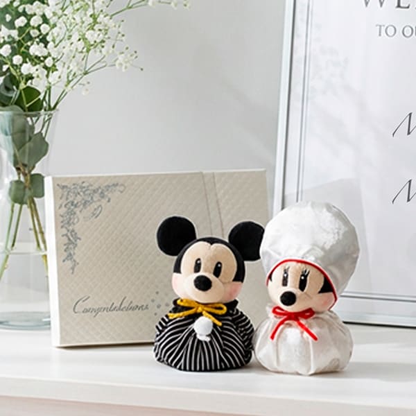【ディズニー】ミッキーマウス＆ミニーマウス 和装ウェディングマスコット＋キラキラHAPPYBOX電報プレシャスホワイト