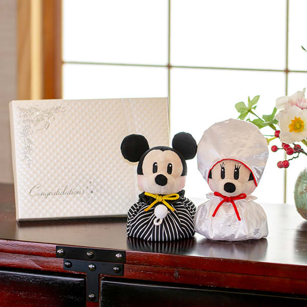 ミッキーマウス＆ミニーマウス 和装ウェディングマスコット＋キラキラHAPPYBOX電報プレシャスホワイト