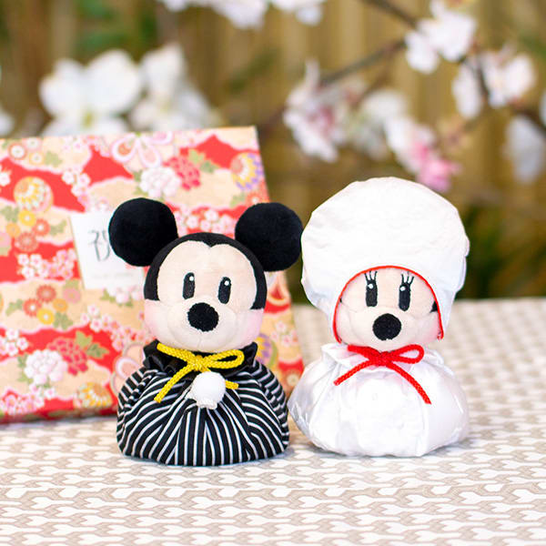 ミッキーマウス＆ミニーマウス 和装ウェディングマスコット＋和風HAPPYBOX電報 花手鞠 茜