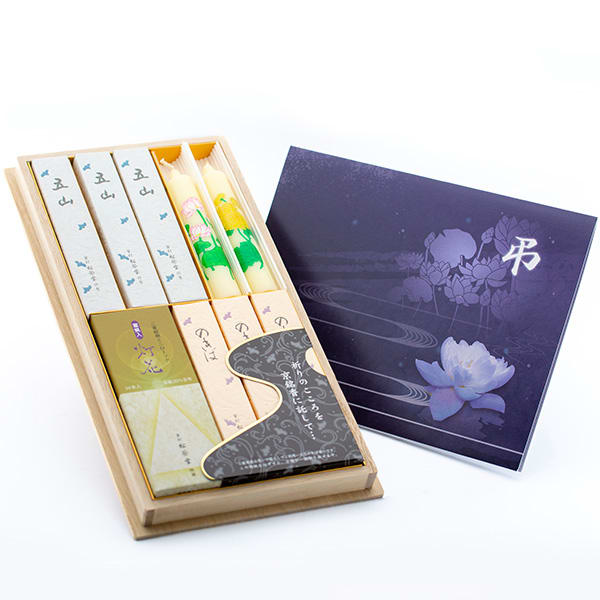 お悔やみ電報 蓮 絵ろうそくと京線香「五山・のきば」お供えセット