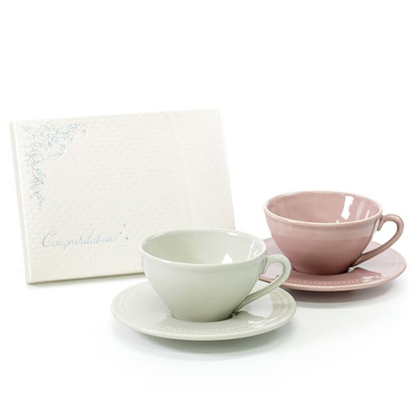 〈クレア〉ペアカップ＆ソーサー＋キラキラHAPPYBOX電報プレシャスホワイト