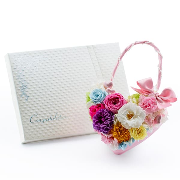 〈*Rosary*〉ハートのフラワーバッグ ＋キラキラHAPPYBOX電報プレシャスホワイト