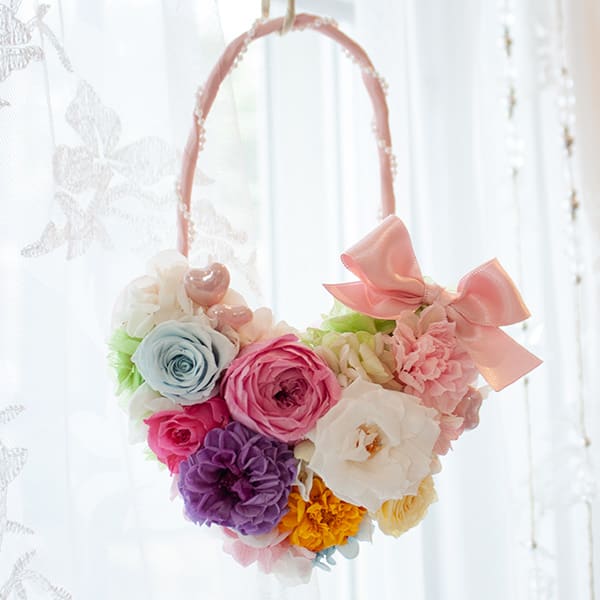 〈*Rosary*〉ハートのフラワーバッグ ＋キラキラHAPPYBOX電報プレシャスホワイト