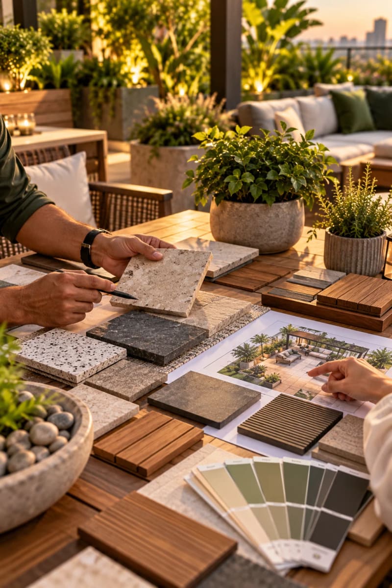 A designer and client choosing garden materials and plants