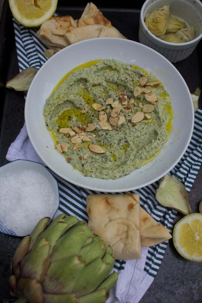 SpinachArtichokeHummus_20web Spinach Artichoke Hummus | Garnished with sliced almonds, olive oil, salt + pepper