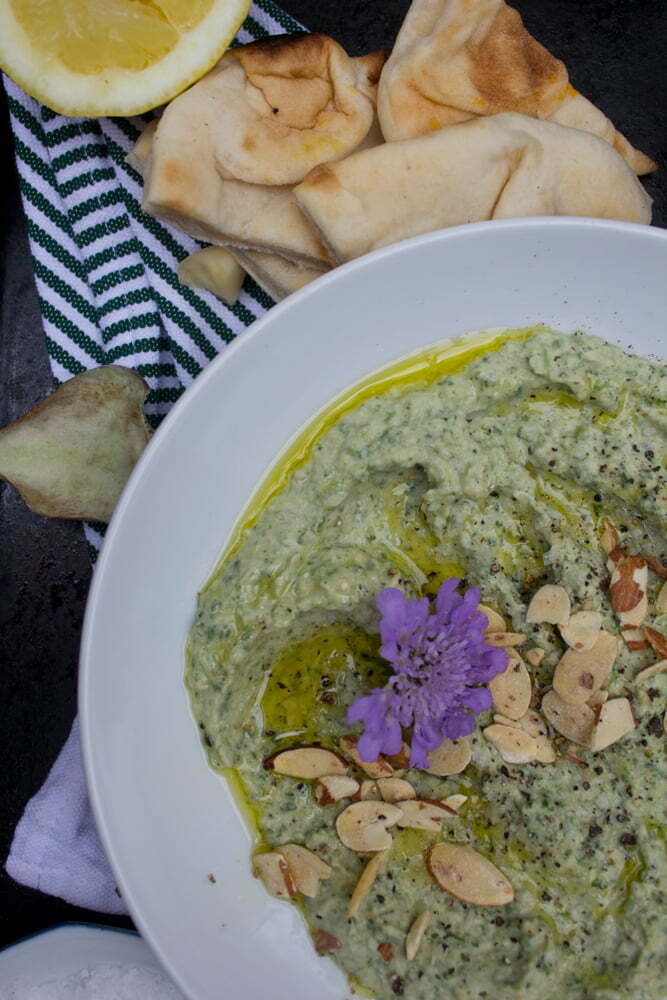 SpinachArtichokeHummus_27web Closeup of spinach artichoke hummus | Enjoy with flatbreads, radishes, carrots, or steamed artichokes