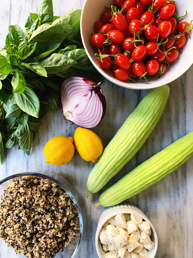 Lemon Basil Quinoa Salad with Tomatoes + Cucumber Heirloom Potager