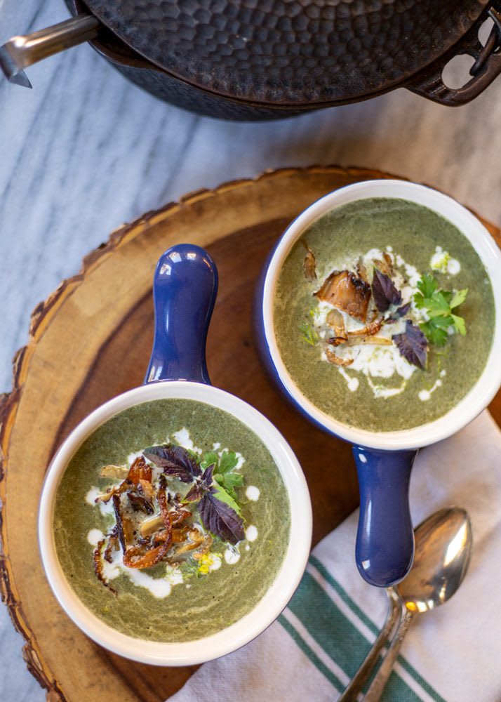 heirloom-potager-fall-dishes-9_web Fennel Soup | Two bowls of blended fennel soup with parsley, basil, and roasted fennel on top