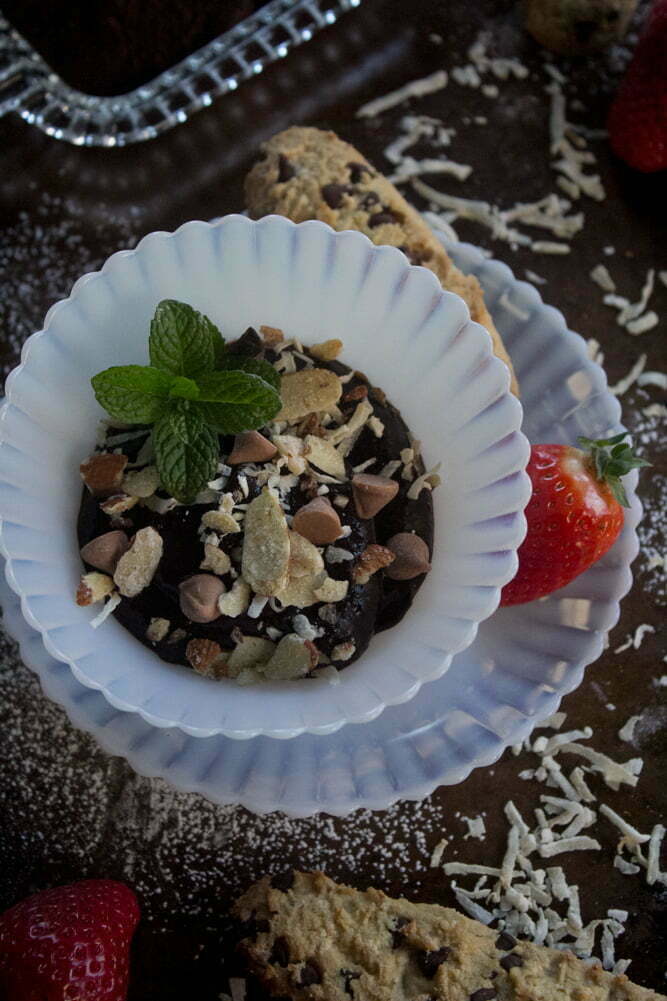 Chocolate Hummus - made with garbanzo beans, honey, dark chocolate powder, and tahini