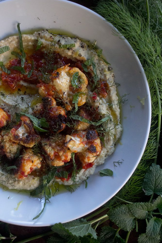 2022_HarissaCauliflowerHummus_12web Harissa Cauliflower Hummus with dill, mint, and harissa