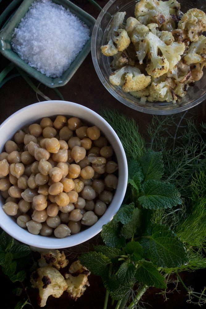 Ingredients for harissa cauliflower hummus