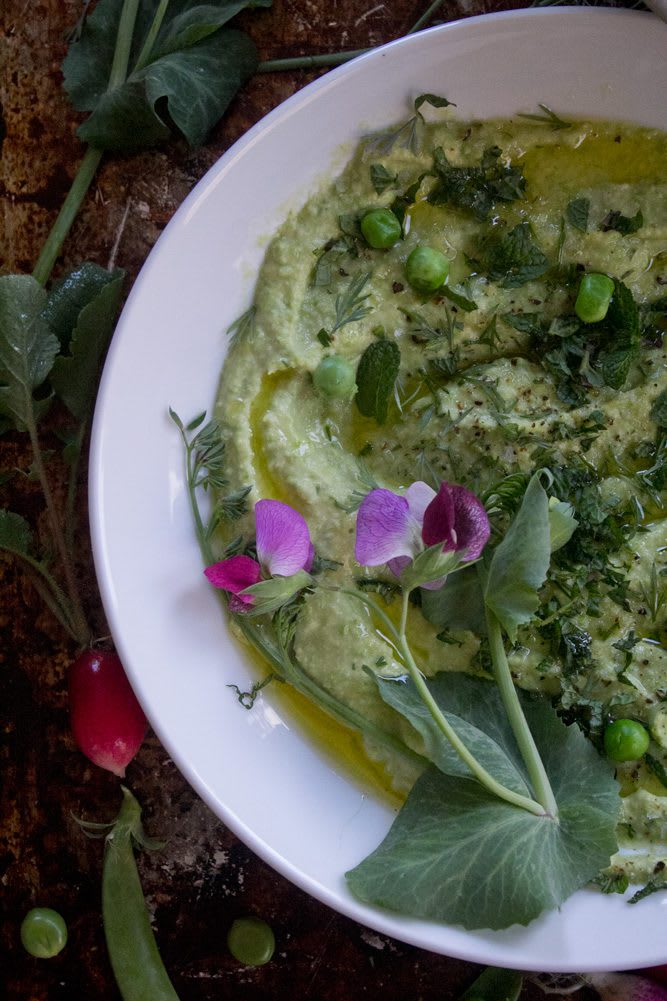 Fresh Pea Hummus with dill and mint plated with a fersh pea greens