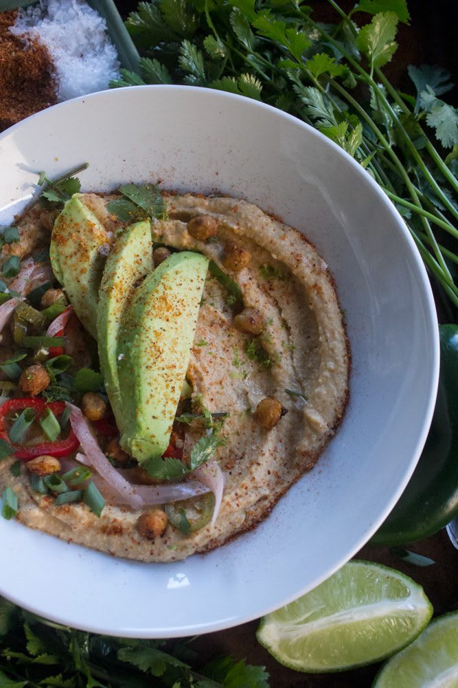 Taco Hummus with pickled salsa, crispy chickpeas, cilantro, and avocado