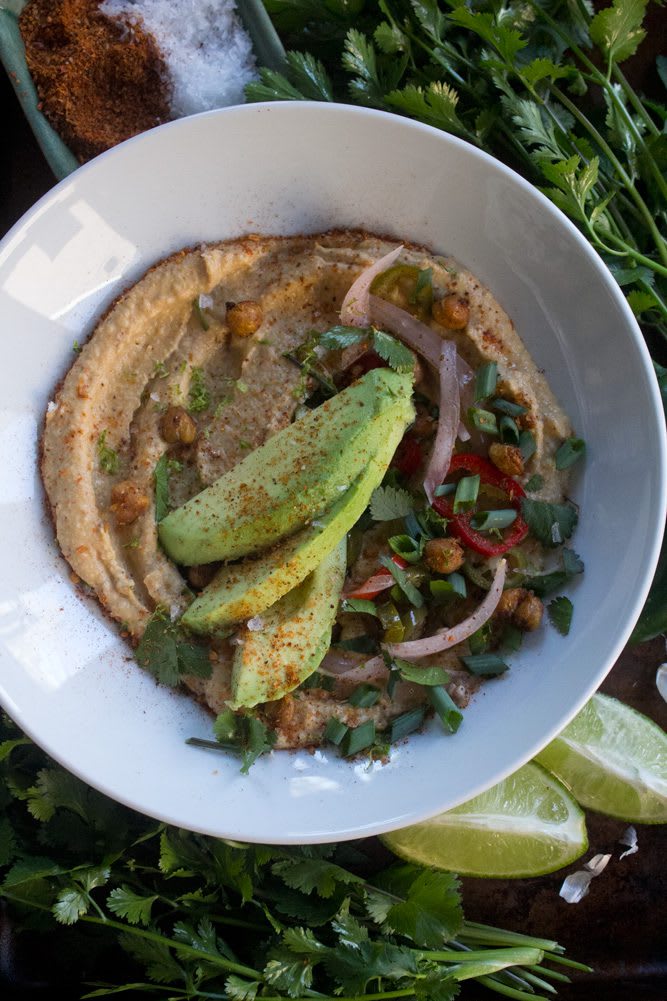 Taco Hummus with pickled salsa, crispy chickpeas, cilantro, and avocado