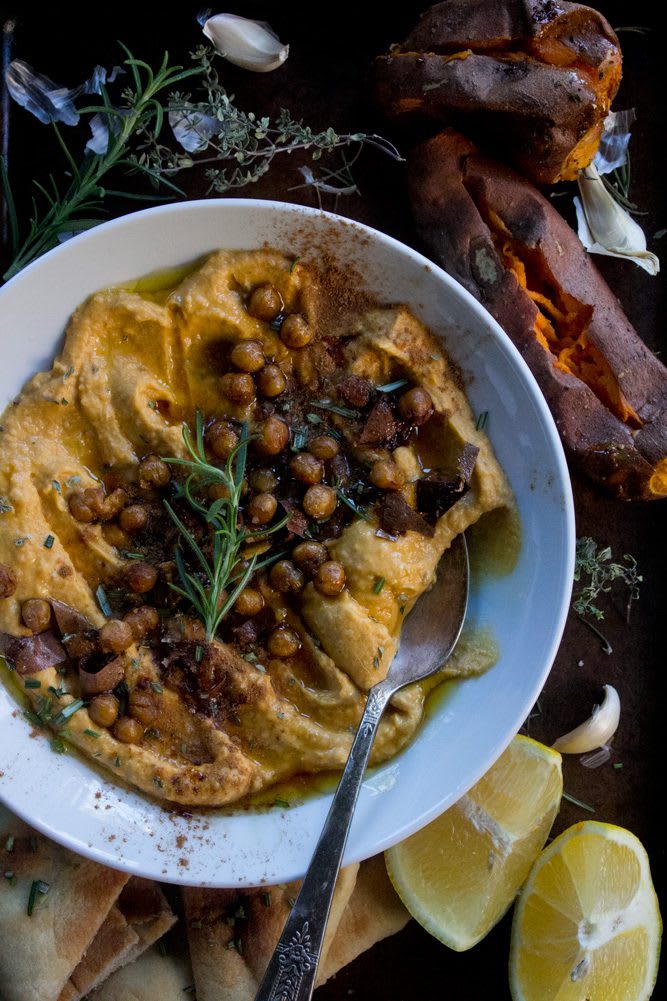 Roasted Sweet Potato hummus with crispy cinnamon chickpeas