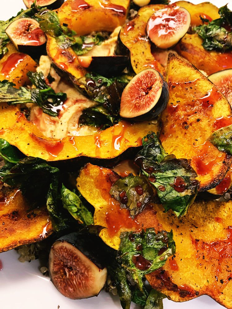 Roasted Acorn Squash, Kale, Quinoa close up