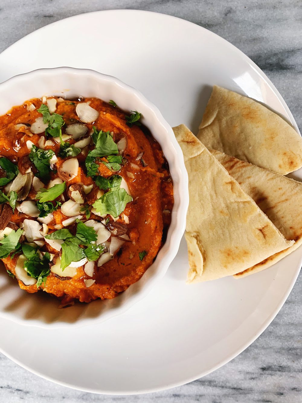 RoastedRedPepperHummus_web3 Roasted Red Pepper Hummus with Harissa, sliced almonds, and cilantro