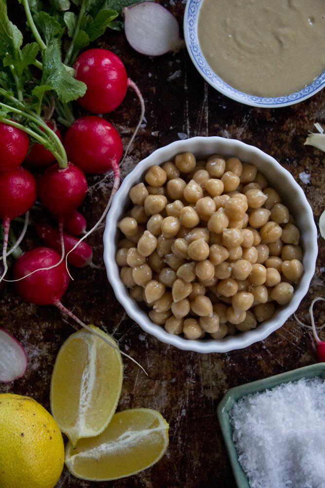 Ingredients for Roasted Radish hummus: chickpeas, lemons, radishes, tahini, and salt